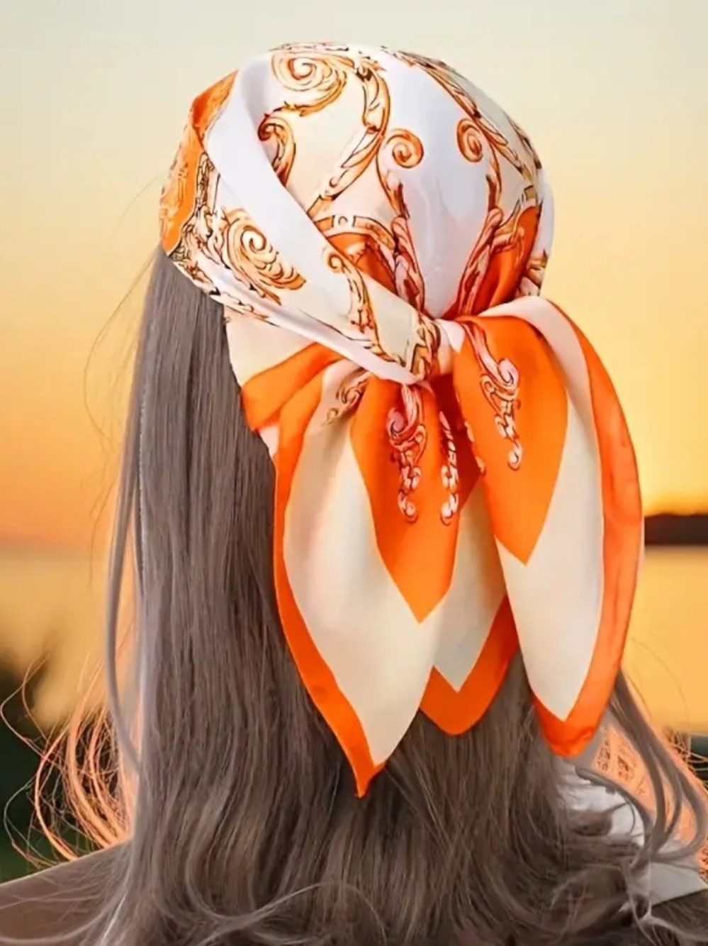 Silk-Feel Orange & Cream Printed Head Scarf - Picture 3 of 4